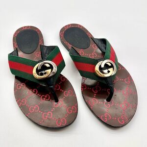 Gucci Kika GG Web Stripe Thong Sandals Black Red Flip Flop Flats EU 37 US 7
